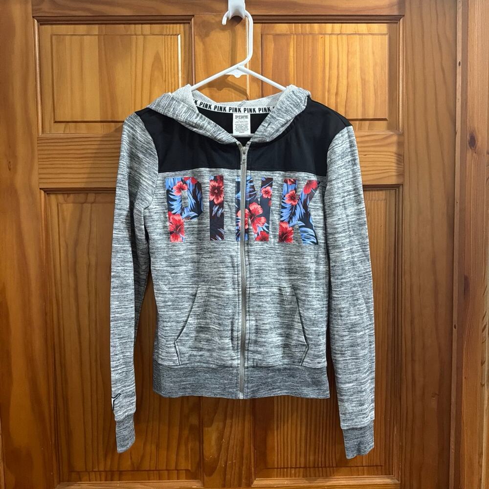 PINK Victoria's Secret Gray Floral Zip Up Hoodie Size Xsmall